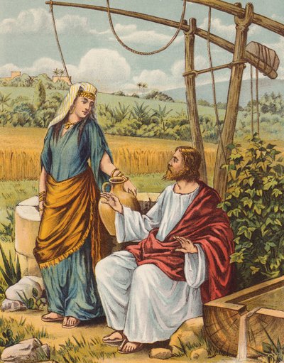 Jesús hablando con la mujer de Samaria (litografía en color) de English School