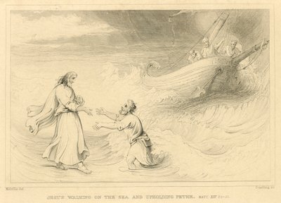 Jesús caminando sobre el mar y sosteniendo a Pedro, Mateo XIV, 24-33 de English School