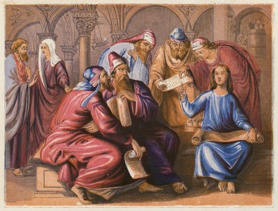 Jesús con los doctores (litografía en color) de English School