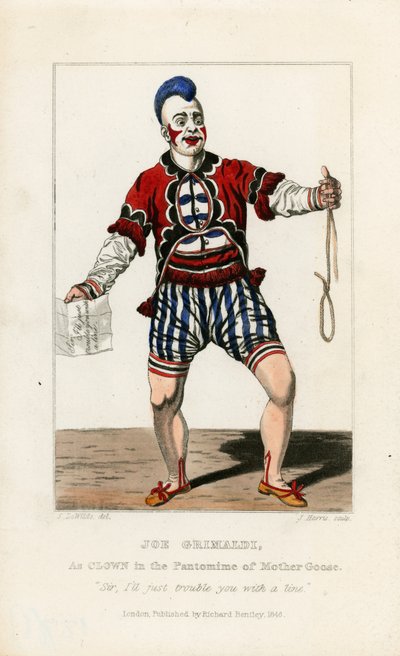 Joe Grimaldi, como payaso en la pantomima de Madre Ganso de English School