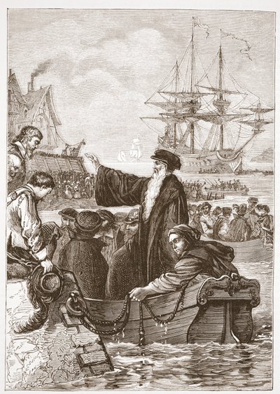 John Alasco y su congregación dejando Inglaterra, ilustración de La Historia del Protestantismo de James Aitken Wylie (1808-1890), pub. 1878 de English School