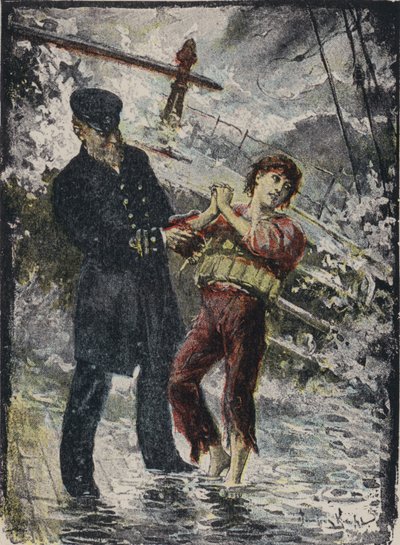 John Alexander Strachan, capitán del barco de vapor Cyprian, dando su chaleco salvavidas a un joven polizón antes de que el barco naufragara en un vendaval frente a la costa de Gales en 1881 (litografía en color) de English School