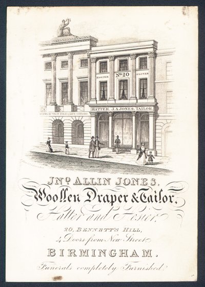 John Allin Jones, pañero y sastre, sombrerero y calcetero, tarjeta comercial de English School