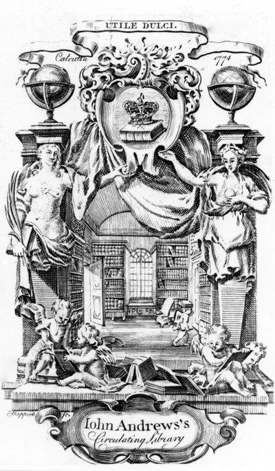 Ex libris de la Biblioteca Circulante de John Andrews por Joseph Shepperd, publicado en Calcuta, 1774 de English School