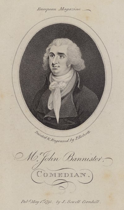 John Bannister, actor inglés, comediante y gerente de teatro (grabado) de English School