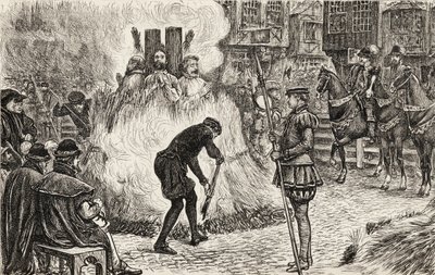 John Bland, John Frankesh, Nicholas Sheterden y Humphrey Middleton quemados vivos por herejía en el siglo XVI, c.1865 (grabado en madera) de English School