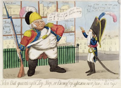 John Bull Custodiando la Tienda de Juguetes, o Boney Llorando por Más Juguetes, pub. por S.W. Fores, 1803 de English School