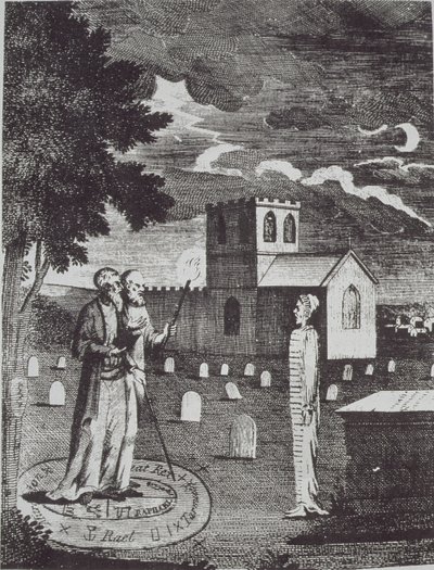 John Dee y Edward Kelly invocando a los muertos, de una Historia de la Magia, publicado a finales del siglo XIX de English School