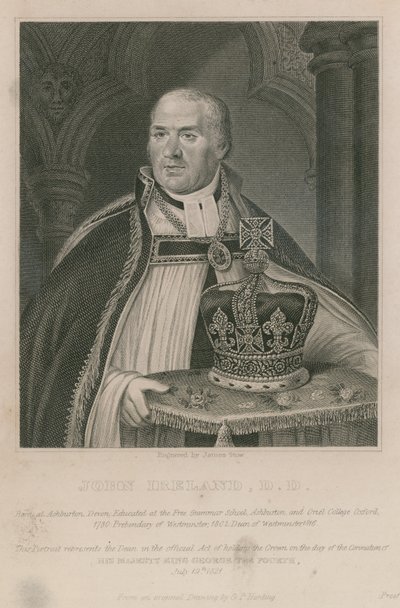 John Ireland, quien sostuvo la corona en la Coronación de Su Majestad el Rey Jorge IV de English School