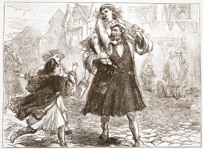 John Luther llevando a su hijo a la escuela, ilustración de La Historia del Protestantismo por James Aitken Wylie (1808-1890), pub. 1878 de English School
