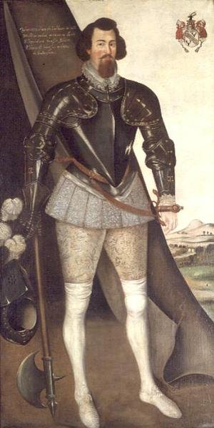 John Nedham en armadura sosteniendo un hacha de English School