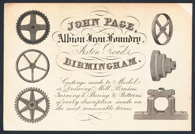 John Page, Albion Iron Foundry, tarjeta comercial de English School