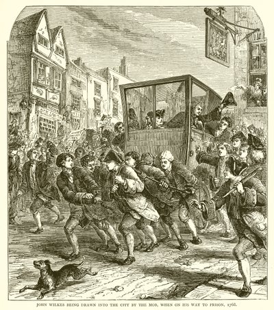John Wilkes siendo llevado a la ciudad por la multitud, cuando iba camino a la prisión, 1768 de English School