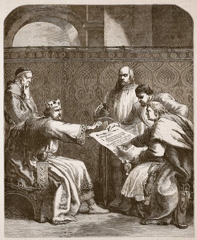 Juan negándose a firmar los artículos de los Barones, ilustración de Cassells Illustrated History of England de English School