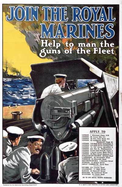 Únete a los Marines Reales - Ayuda a manejar los cañones de la Flota, cartel de reclutamiento de la Primera Guerra Mundial de English School