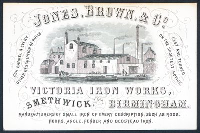 Jones, Brown & Co, Victoria Iron Works, tarjeta comercial de English School