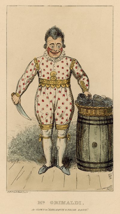 Joseph Grimaldi como Payaso en Arlequín y Fray Bacon de English School