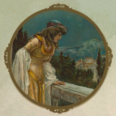 Julieta en su balcón, escena de Romeo y Julieta de Shakespeare (chromolitho) de English School
