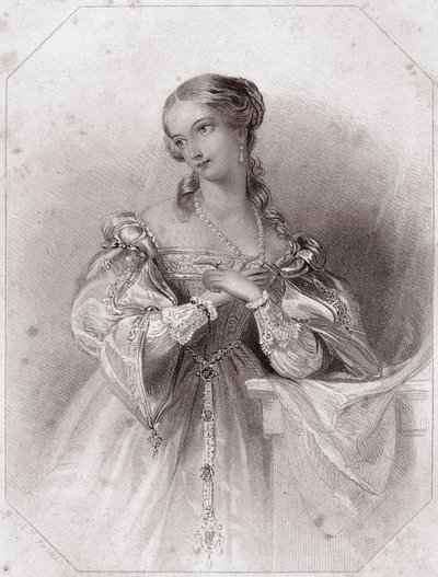 Julieta (Romeo y Julieta) - en - “Galería de Mujeres de Shakespeare, colección de cuarenta y cinco retratos serios por los primeros artistas de Londres, enriquecidos con notas críticas y literarias” alrededor de 1838 de English School
