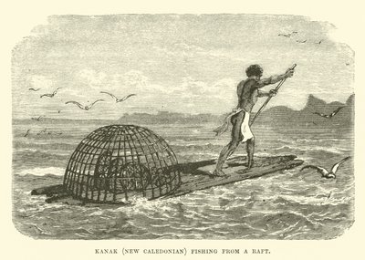 Kanak, pescador de Nueva Caledonia desde una balsa de English School