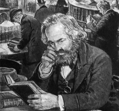 Karl Marx estudiando y escribiendo en la sala de lectura del Museo Británico de English School