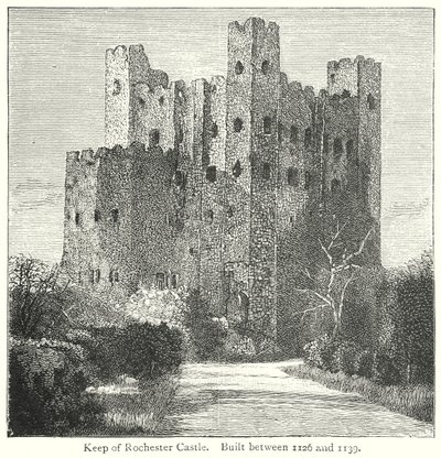 Torre del homenaje del castillo de Rochester. Construido entre 1126 y 1139 (grabado) de English School