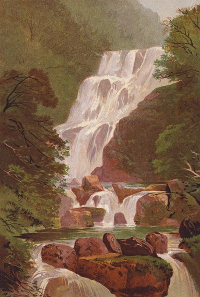 Lagos Killarney, cascada Torc (litografia en color) de English School