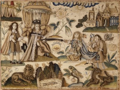 El rey Asuero y la reina Ester, c.1660 (seda, hilos metálicos e isinglass) de English School