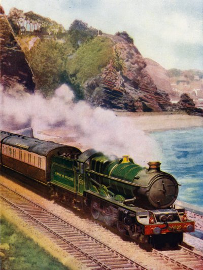 Rey Carlos II, locomotora de vapor clase King 4-6-0 del Ferrocarril Great Western (GWR), transportando el Cornish Riviera Express a lo largo de la costa entre Dawlish y Teignmouth, Devon de English School
