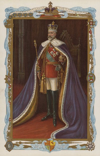 El rey Eduardo VII con toga de coronación (litografía en color) de English School