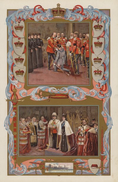 Primeros actos del rey Eduardo VII como soberano en 1901 (litografía en color) de English School