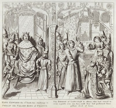 El rey Eduardo III envía su desafío a Felipe de Valois, rey de Francia, el obispo de Lincoln y otros, que habían jurado llevar un parche sobre un ojo hasta realizar alguna hazaña valiente de English School