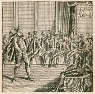 El rey Enrique III ingresa al parlamento y encuentra a los barones vestidos con armadura de English School