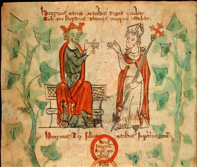 El rey Enrique II sentado en el trono, discutiendo con Thomas Becket, ilustración de la 