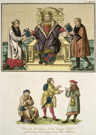 Rey Enrique VIII (1491-1547) del frontispicio de la Gran Biblia, se dice que fue diseñado por Hans Holbein (1497-1543), ilustración de The Complete View of the Dress and Habits of the People of England de English School