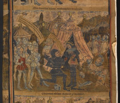 Rey Enrique VI cautivo tras la batalla de Northampton, de Typological life and genealogy of King Edward IV, Harley MS 7353 de English School