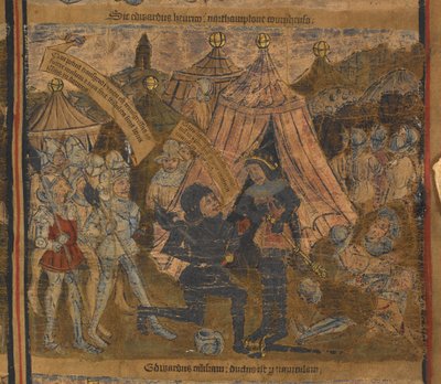 El rey Enrique VI fue tomado cautivo después de la batalla de Northampton en 1460 por Eduardo de York (luego Rey Eduardo IV) y los Condes de Warwick y Salisbury, ilustración de 