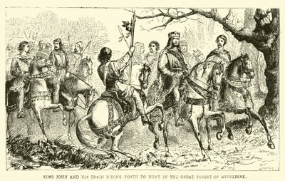 El Rey Juan y su séquito cabalgando para cazar en el Gran Bosque de Middlesex de English School