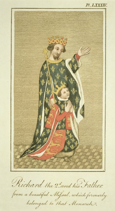 El rey Ricardo II (1367-1400) con su padre Eduardo (1330-76) el Príncipe Negro, ilustración de The Complete View of the Dress and Habits of the People of England Volume II, publicado 1799 de English School