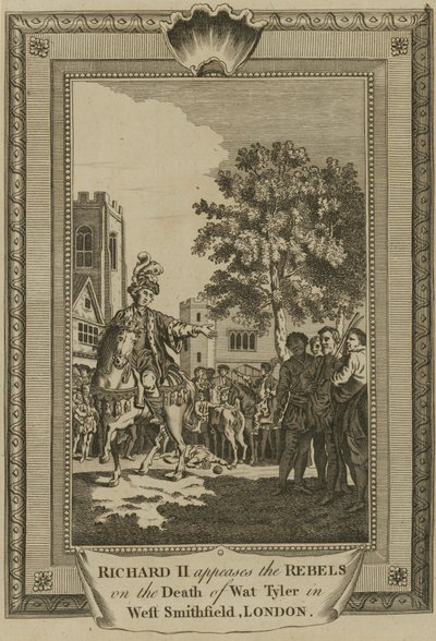 El Rey Ricardo II apacigua a los rebeldes tras la muerte de Wat Tyler en West Smithfield, Londres de English School