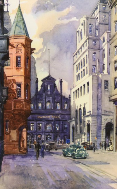 King Street, Manchester, el centro financiero de la ciudad (litografia en color) de English School