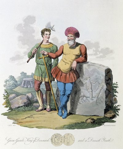 Rey de Dinamarca y joven danés - en "Celtas y Godos, costumbres de los habitantes de las Islas Británicas del siglo VI temprano y de las naciones godas de la costa oeste del Báltico", por S.R. Meyrick y Ch. Smith de English School
