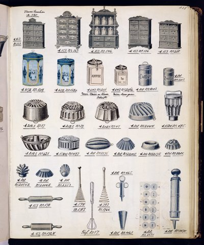 Almacenamiento y utensilios de cocina de un catálogo comercial de bienes y accesorios domésticos, c.1890-1910 de English School