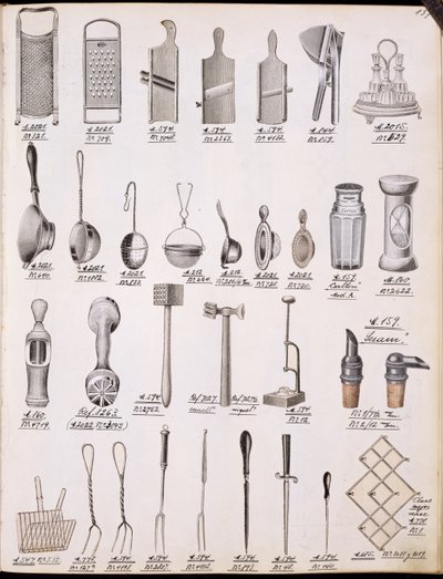 Utensilios de cocina, de un catálogo comercial de bienes y accesorios domésticos, c.1890-1910 de English School