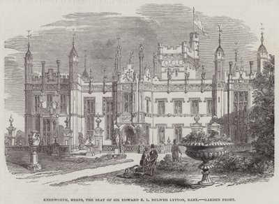 Knebworth, Herts, la Residencia de Sir Edward E L Bulwer Lytton, Baronet, Frente del Jardín (grabado) de English School