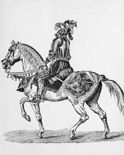 Caballero a caballo en traje de gala de los años 1400 de English School
