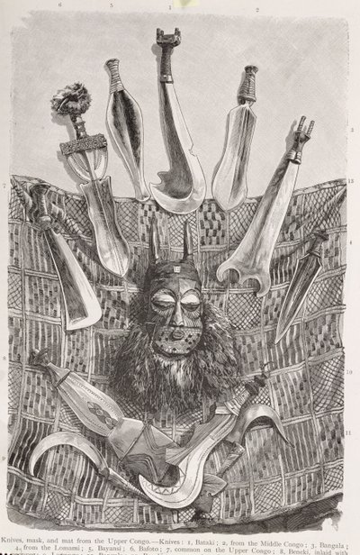 Cuchillos, máscara y estera del Alto Congo, de 