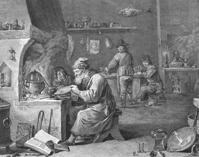 Laboratorio de un alquimista, siglo XVIII o XIX de English School