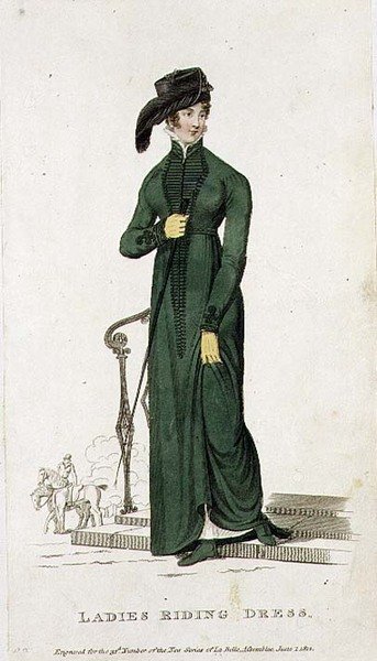 Vestido de montar para damas, lámina de moda de 