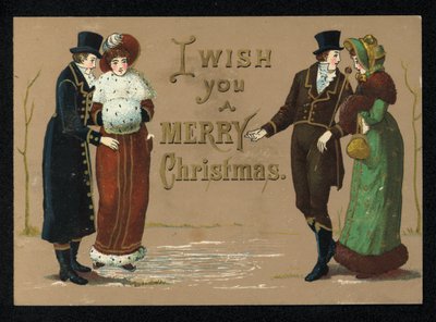 Damas y caballeros con sus ropas de invierno, tarjeta de felicitación de Navidad de English School